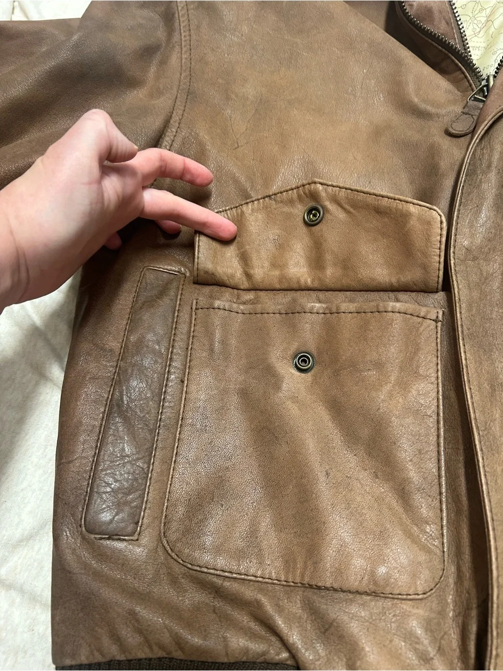 Vintage Leather Bomber Jacket Double Zip New Zealand Opossum Lined Aviator